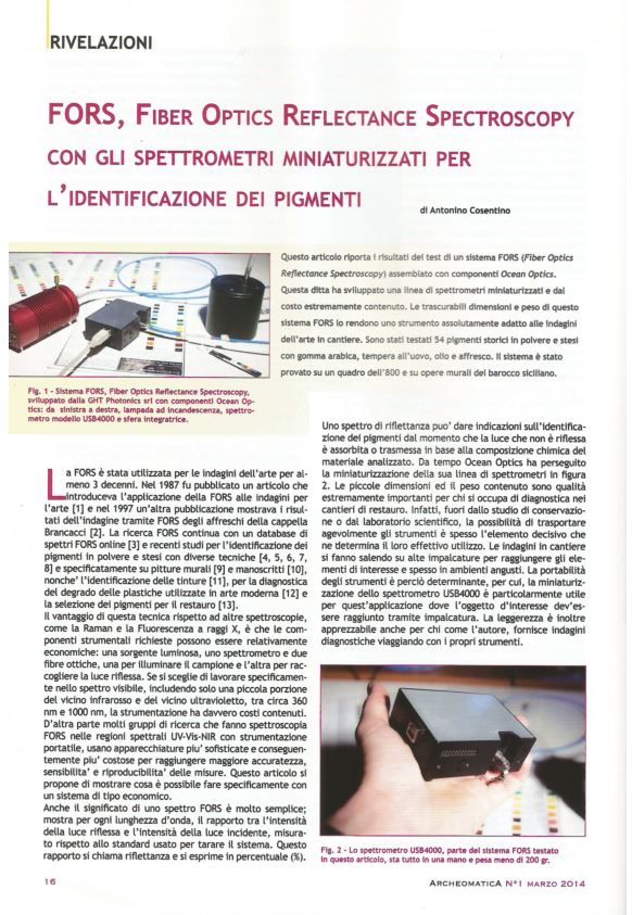 FORS, Fiber Optics Reflectance Spectroscopy con gli spettrometri miniaturizzati per l’identificazione dei pigmenti Archeomatica