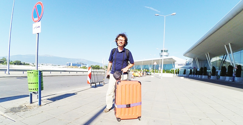 Just arrived in Sofia's airport , Bulgaria. with our traveling equipment. July 2016.
