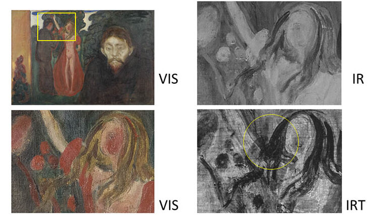 Transmitted infrared photography. Pigments become more transparent with transmitted infrared.
