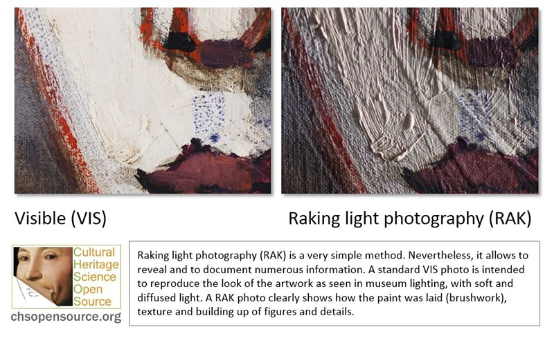 Raking light photography (RAK) is a very simple method. Nevertheless, it allows to reveal and to document numerous information. A standard VIS photo is intended to reproduce the look of the artwork as seen in museum lighting, with soft and diffused light. A RAK photo clearly shows how the paint was laid (brushwork), texture and building up of figures and details.