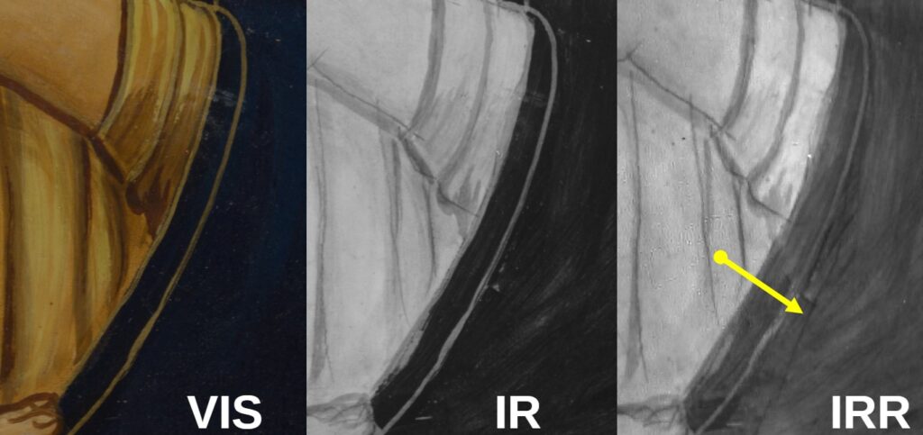 The greater transparency of the blue in the mantle in the IRR image allows us to see a line that is otherwise invisible in the standard IR photograph.