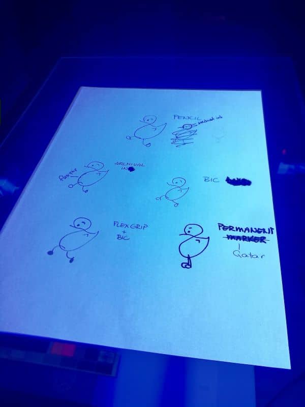 The "duck" test artifacts under the UV lamp