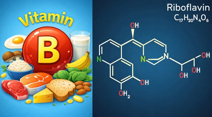 Riboflavin (vitamin B) emits a green-yellow fluorescence when illuminated with the Fabrizio UV lamp