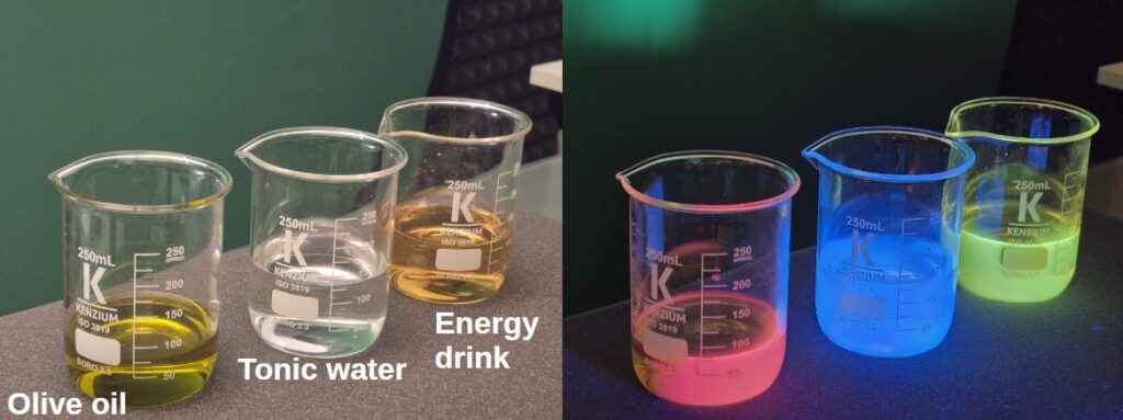 Tonic water (blue fluorescence from quinine), Energy drink (green-yellow fluorescence from riboflavin), Olive oil (red fluorescence from chlorophyll)