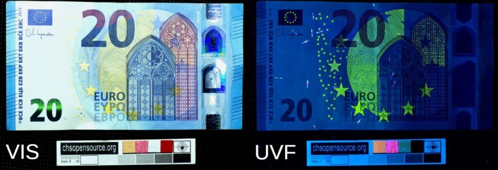 UV fluorescence of banknotes euro
