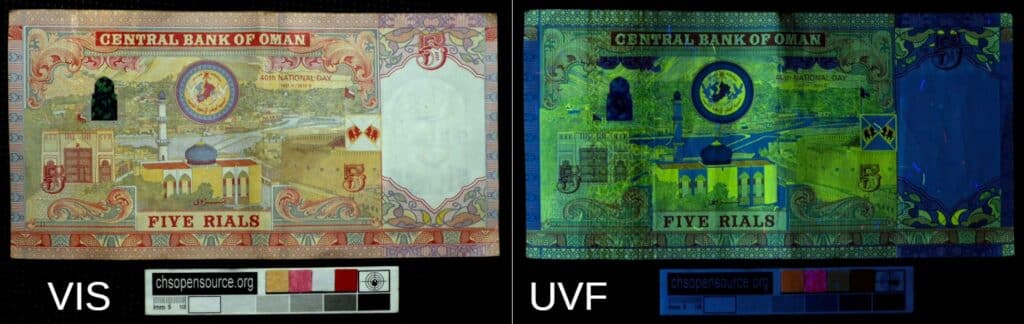 UV fluorescence of banknotes oman