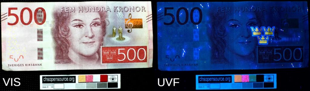 UV fluorescence of banknotes sweden
