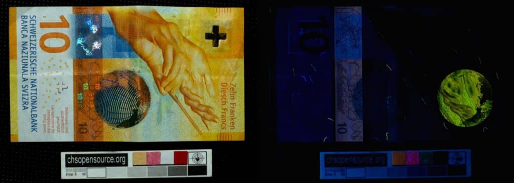 UV fluorescence of banknotes swiss