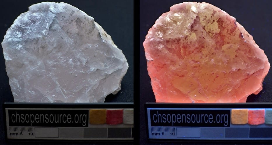 Pink calcite fluoresces orange under Fabrizio UV Lamp