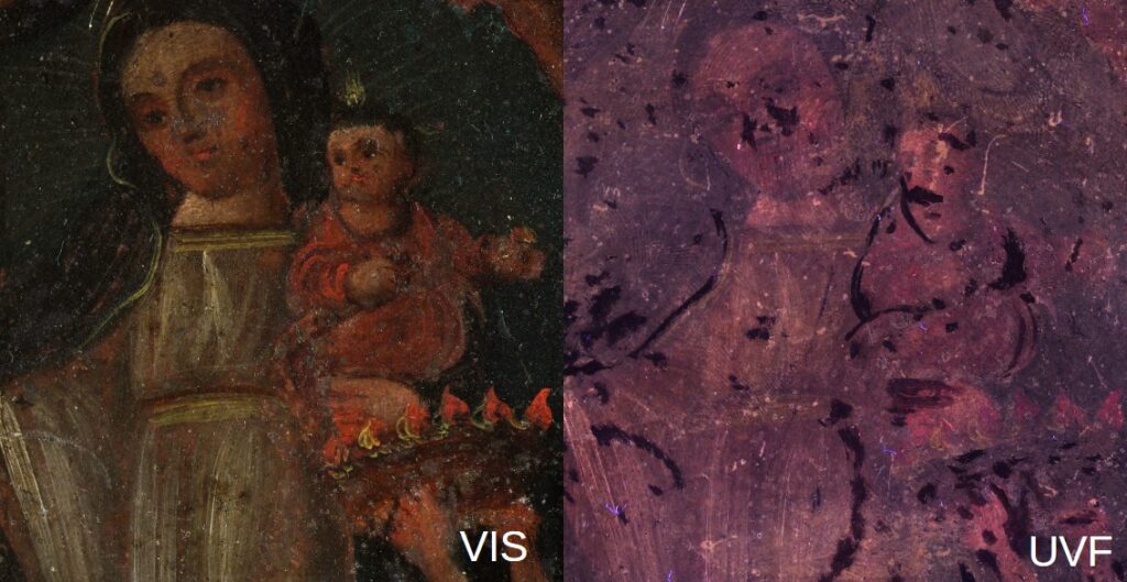 UVF photo - 19th century Mexican painting on tin